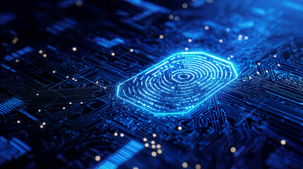 Glowing biometric firewall system protecting critical systems with advanced encryption
