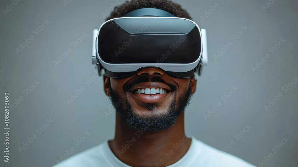 Poster man smiling while wearing a virtual reality headset, showcasing the enjoyment of immersive tech expe