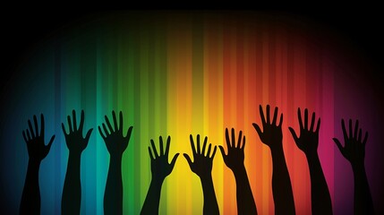 Colorful Hands Reaching Up Against a Rainbow Stripe Background for Creative Concepts in Unity, Celebration, Expression, and Diversity