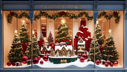 Christmas themed window display, department store, photorealistic style.