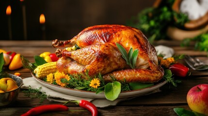 Naklejka premium Bake roasted turkey dish for luxury traditional thanksgiving holiday gathering dinner