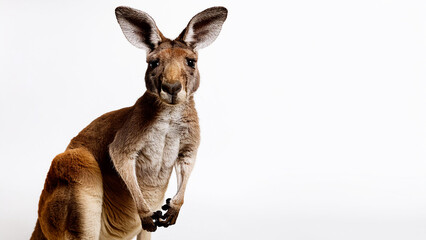 Close-up portrait of a kangaroo on a white background.