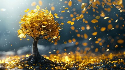 Magical autumn tree with golden leaves swirling in a mystical serene landscape  Scenic tranquil nature scene with frost ice and snow elements creating a fantastical ethereal atmosphere