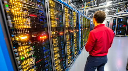 Man looking at a futuristic quantum computer