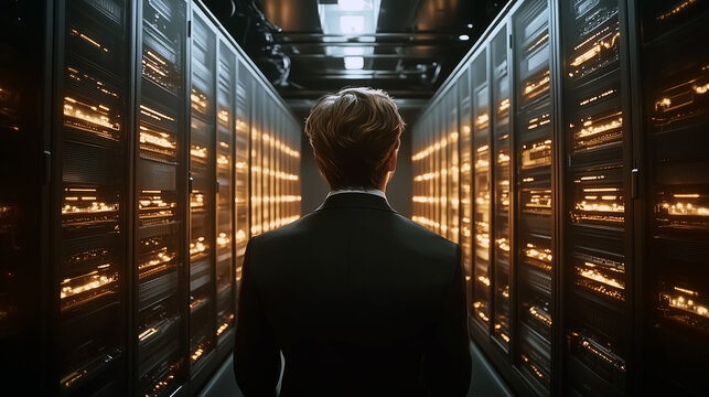 Man looking at a futuristic quantum computer
