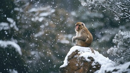 Obraz premium Japanese macaque sitting on snowy rock during snowfall