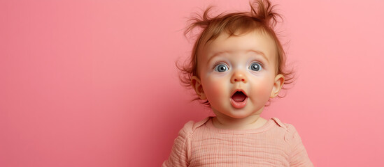Fototapeta premium a 1 / 2 year old baby girl with a startled / shocked/ surprised look on her face against a plain pink background with copy space for text