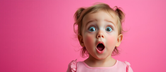 Fototapeta premium a 1 / 2 year old baby girl with a startled / shocked/ surprised look on her face against a plain pink background with copy space for text