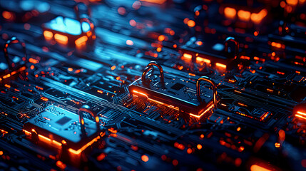 Glowing encryption protocols protecting sensitive networks, intricate multi-layer cybersecurity defense