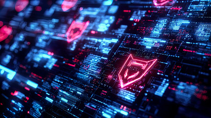 Fototapeta premium Glowing encryption systems visualized with holographic defense shields securing sensitive networks