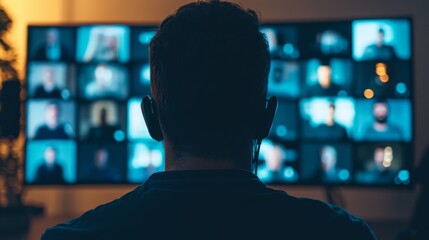 A person watches a video call on a large screen, showing multiple participants in an online meeting environment.