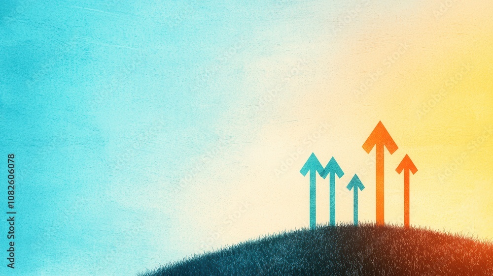 Poster minimalist landscape featuring rising and falling arrows on a hill amidst a soft color gradient back