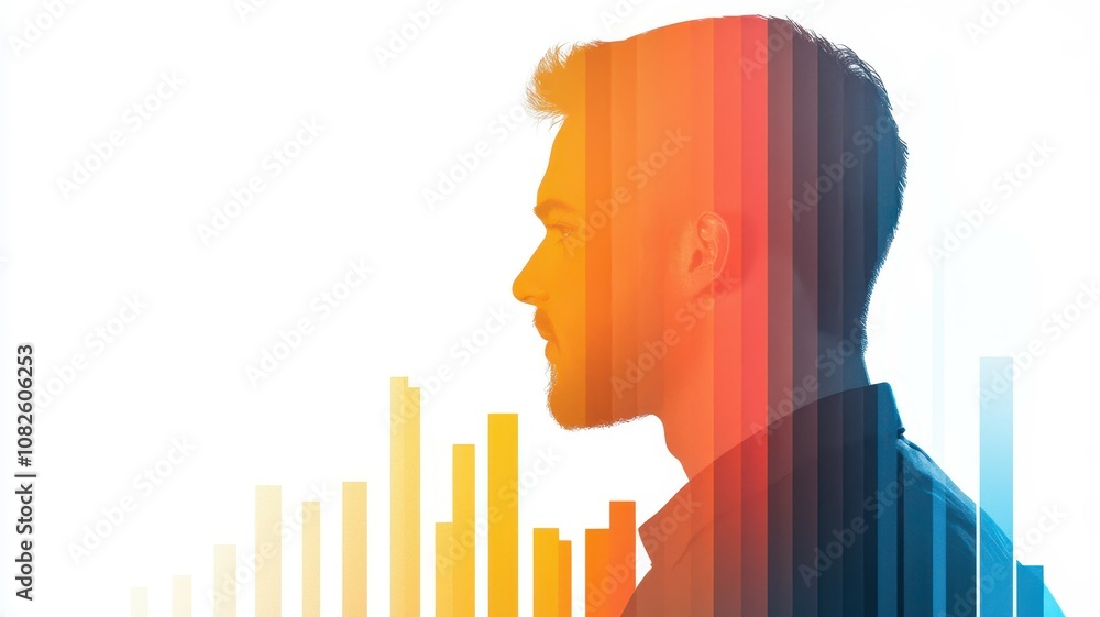 Poster abstract silhouette of a head with fluctuating gradient bars representing data visualization and ana