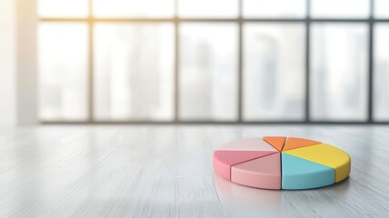 Colorful Pie Chart Floating in Modern Office Space with Bright Natural Light Highlighting the Business Presentation and Creative Data Visualization Concept