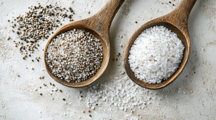 Salt and pepper are shown in spoons and bowls on a light background. The photo is taken from above, close up.