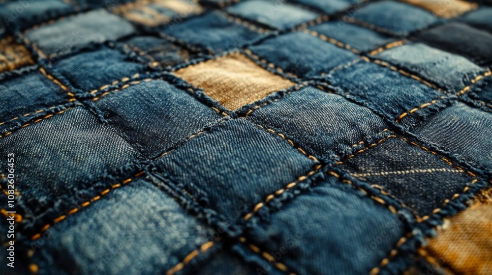 Poster a close-up of a richly textured patchwork of denim squares, featuring multiple shades of blue and be