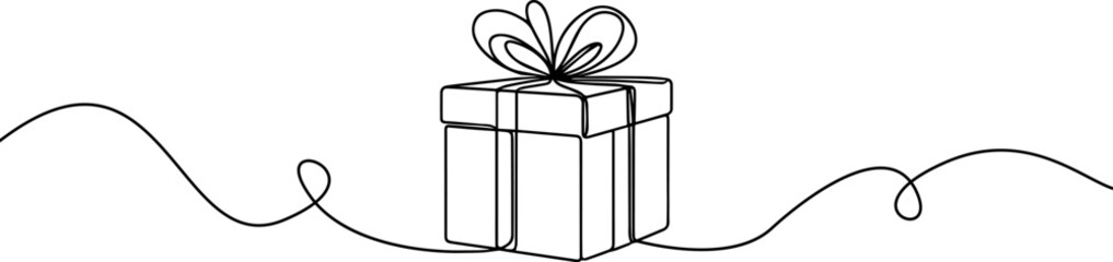 Gift box one line drawing. Continuous one line gift box.Presents with ribbon bow.Hand drawn greeting present box.Line art christmas surprise.	