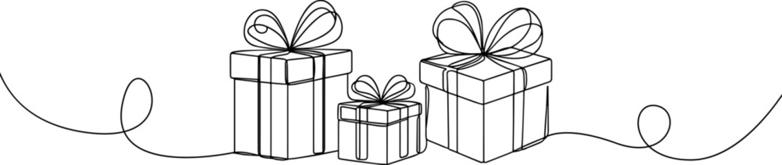 Gift box one line drawing. Continuous one line gift box.Presents with ribbon bow.Hand drawn greeting present box.Line art christmas surprise.	Gift boxes stack	