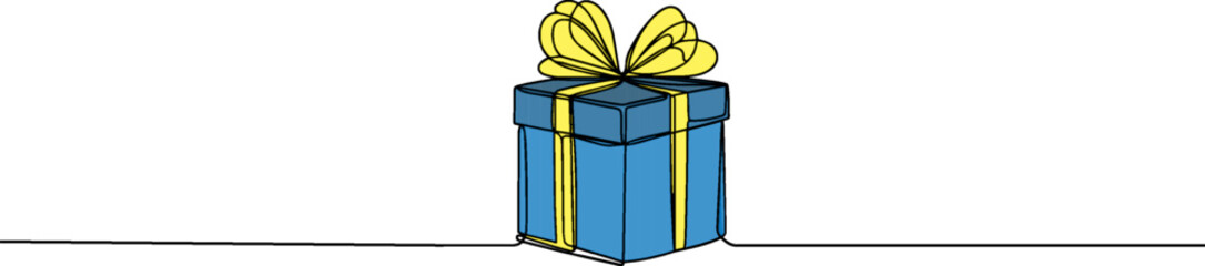 Gift box one line drawing. Continuous one line gift box.Presents with ribbon bow.Hand drawn greeting present box.Line art christmas surprise.	