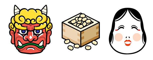豆まきのお面にも使える鬼とお多福と枡に入った豆の節分イラストセット
