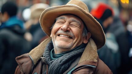 Obraz premium National Whiners Day Joyful elderly man smiling outdoors in winter clothing