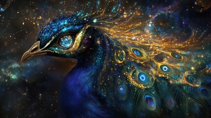 Cosmic Peacock Unfurling a Tail of Galaxies: Iridescent Feathers with Zodiac Symbols for Beauty and Transformation Coaching. High-Resolution Abstract Design.
