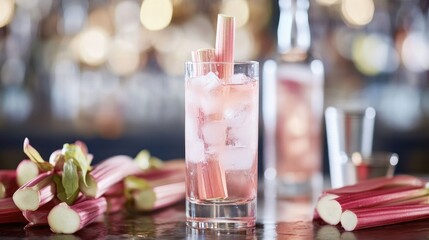 National Rhubarb Vodka Day Refreshing rhubarb cocktail with ice in a highball glass at a trendy bar setting