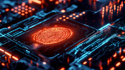 Hyper-realistic biometric authentication system with glowing encryption protocols, protecting sensitive data