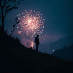 Fototapeta premium A male standing on a mountain watching fireworks, night view
