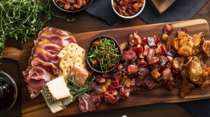 National Bacon Day Gourmet charcuterie board with cured meats, cheese, and fresh herbs