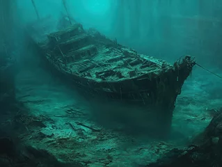 A sunken wooden ship rests on the seabed, shrouded in a hazy underwater environment.