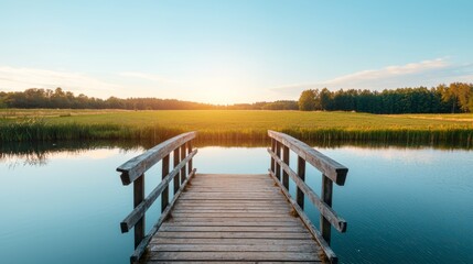 Obraz premium A serene wooden bridge stretches over calm waters, leading to a beautiful sunset reflecting off a lush green field and surrounding trees.
