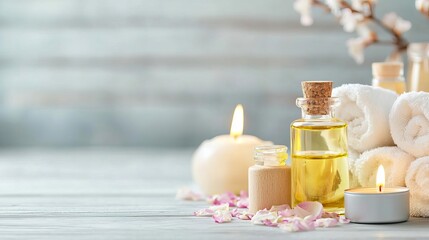 Luxurious bath setup with nourishing oils and petals, warm candlelight, pampering wellness concept, soothing atmosphere