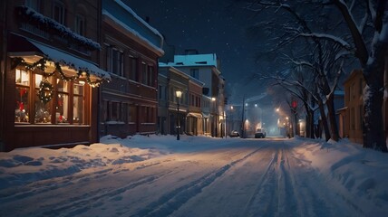 Christmas night on a snowy street, festive atmosphere, photorealistic