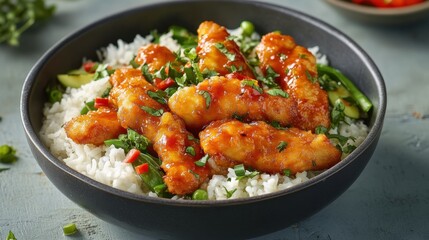 Fototapeta premium Crispy honey sriracha chicken tenders on steamed rice with fresh herbs