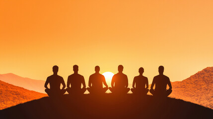 Fototapeta premium Silhouette of five people meditating on mountain at sunset, creating serene atmosphere
