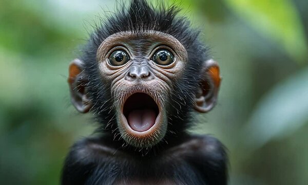 A close-up of a surprised baby monkey with wide-open eyes and mouth.