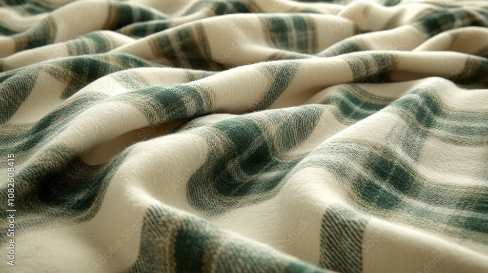 Poster a soft, warm plaid fabric rests on a flat surface with gentle folds, highlighting its cozy texture a