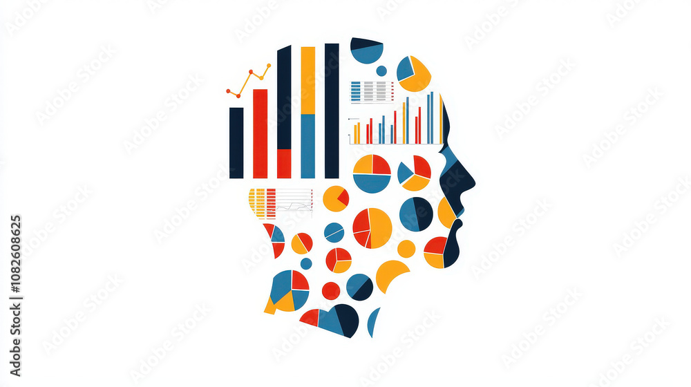 Poster human head is filled with colorful charts and graphs, symbolizing data analysis and insights. this c