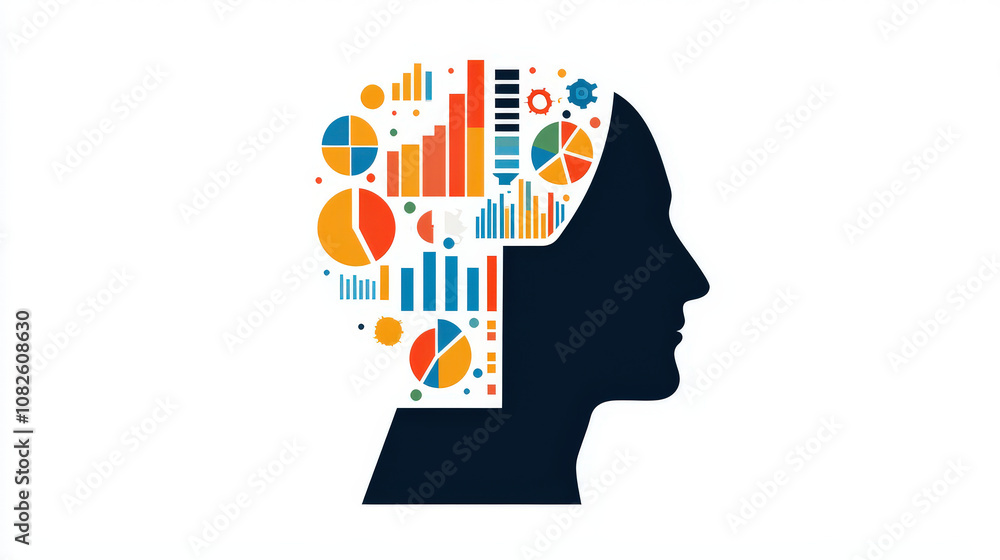 Poster human head silhouette filled with colorful charts and graphs symbolizes data analysis and intelligen