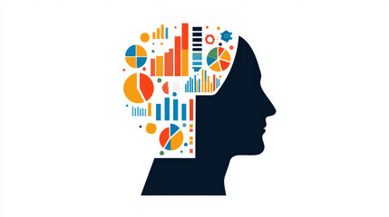 human head silhouette filled with colorful charts and graphs symbolizes data analysis and intelligence. This creative design represents fusion of knowledge and visual information