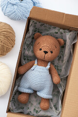 Handmade crocheted bear toy, amigurumi. Handmade stuffed toys. 