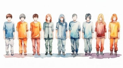 Obraz premium Prisoners for Peace Day Diverse group of standing cartoon characters in vibrant attire