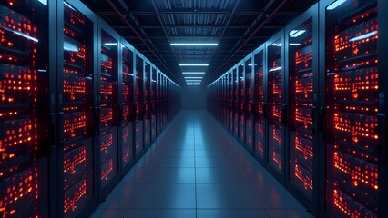 In a modern data center, a long row of servers is precisely lined up, showcasing the efficiency and symmetry of their design and arrangement