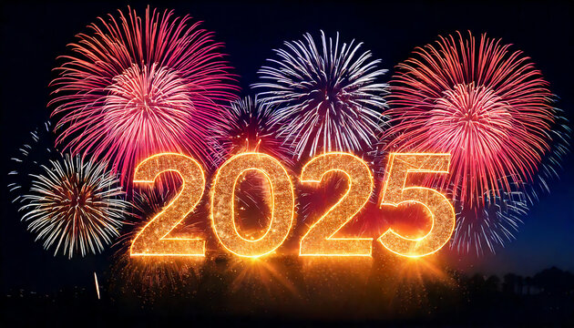 2025 is welcomed with a grand display of fireworks lighting up the sky as the clock strikes twelve.