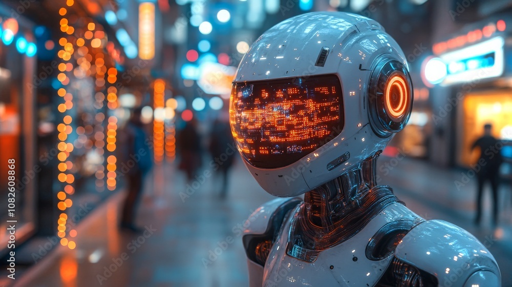 Poster an android interacting in a modern virtual cafe within a futuristic urban environment at dusk