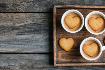 Heart-shaped cookies in cups on a rustic wooden tray, creating a warm, inviting aesthetic perfect for a cozy gathering.