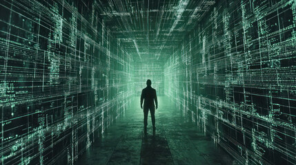 A Person Standing at the Dead End of a Digital Maze Surrounded by Glowing Green Data Streams and Pixelated Graphics in a Futuristic Environment