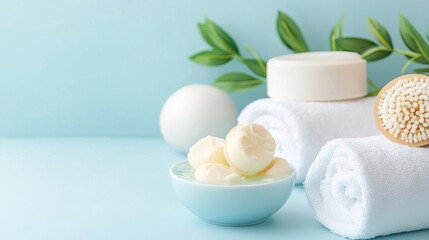 Warm water with nourishing shea butter bath melts, surrounded by soft towels and spa props, pampering wellness concept