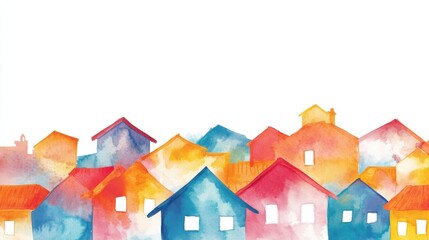 National roof over your head day Vibrant watercolor skyline of colorful houses on white background